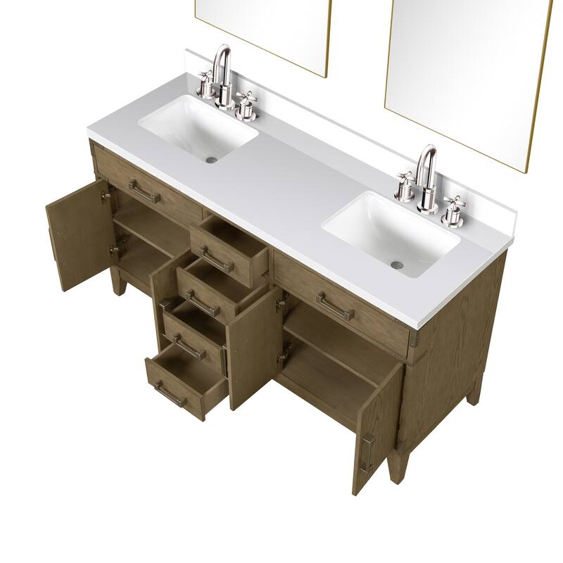 Laurel 60 in W x 22 in D Black Oak Double Bath Vanity, White Quartz Top, Faucet Set, and 28 in Mirrors