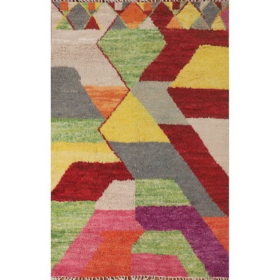 Plush Geometric Moroccan Oriental Area Rug Hand-Knotted Wool Carpet - 6'3" x 9'4"