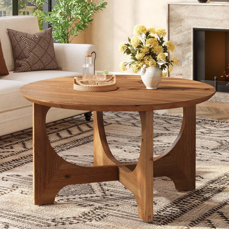 31.5-Inch Farmhouse Coffee Table, Solid Wood Round Center Table