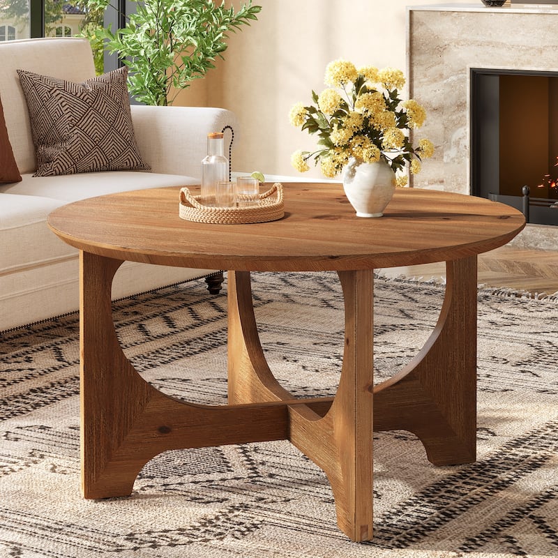 Solid Wood Coffee Table, Farmhouse Round Center Table for Living Room