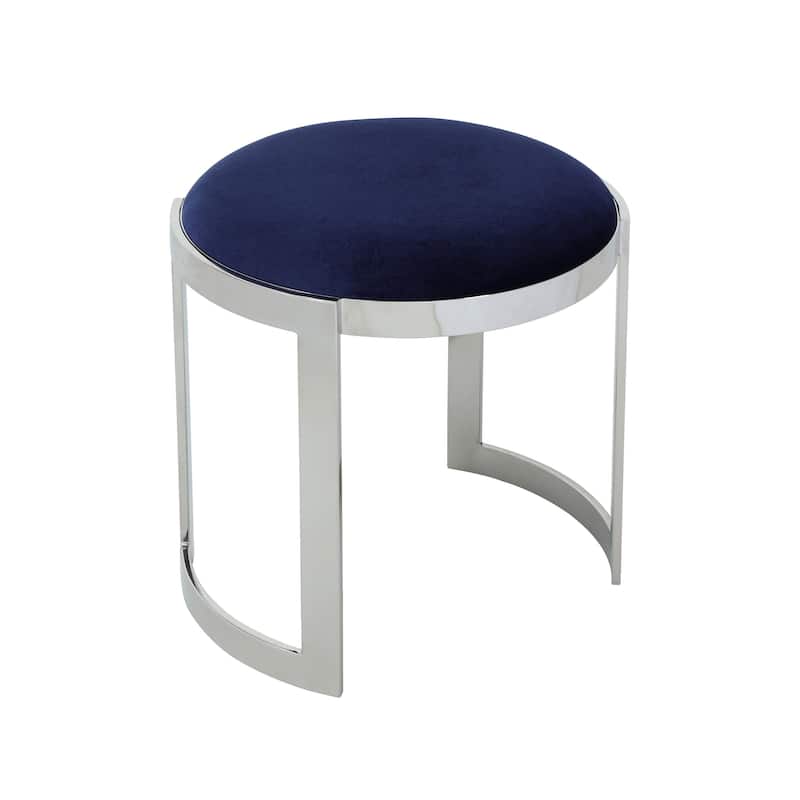 Niyo 19 Inch Accent Stool Ottoman, Round Seat, Soft Blue Velvet, Silver