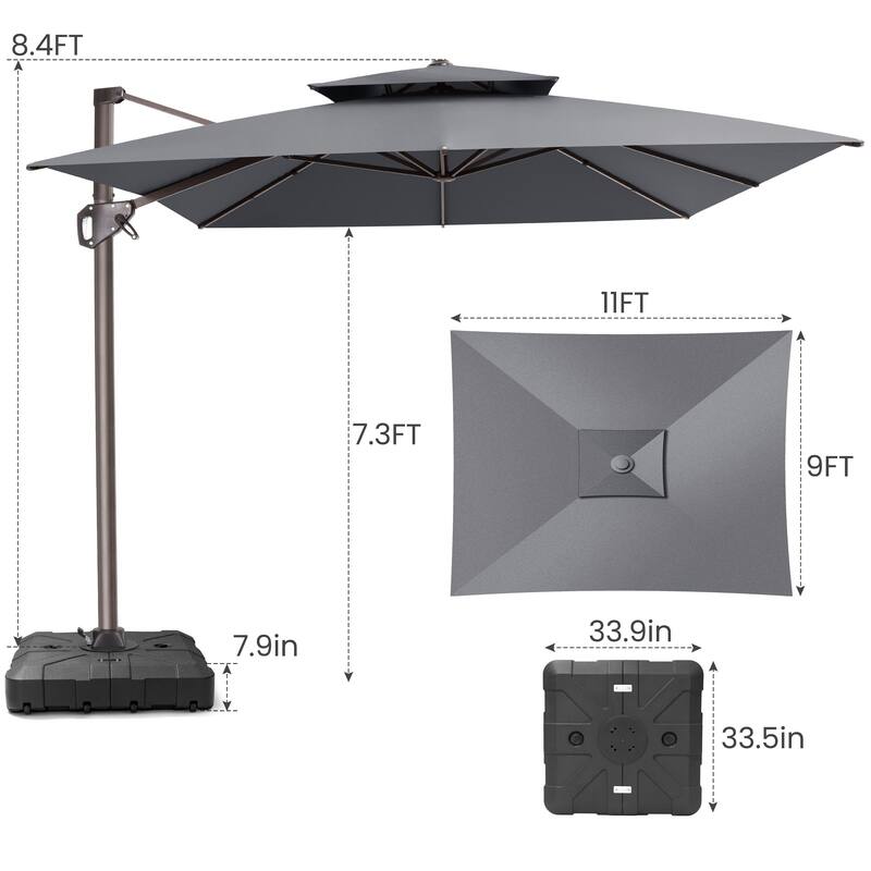 11 × 9 ft Outdoor Patio Offset Cantilever Dual Top Umbrella with Weighted Base