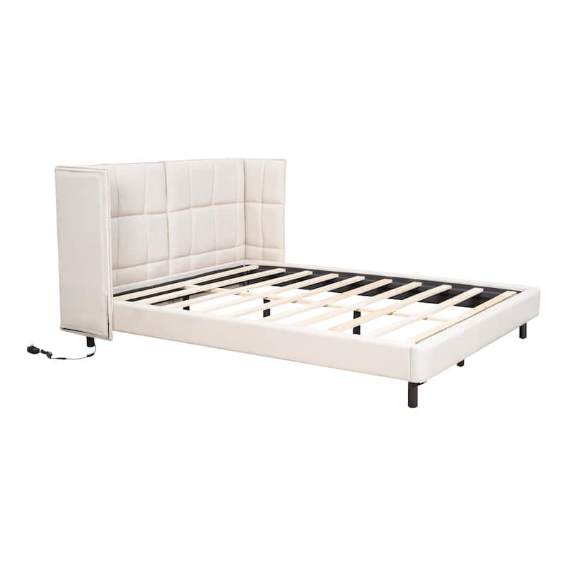 HomeRoots Beige Tufted Upholstered Queen Bed Frame With LED Lighting And USB