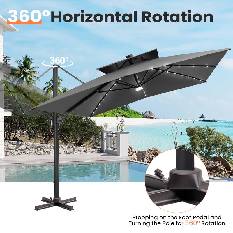 12 x 9 FT Outdoor Patio Aluminum Cantilever Umbrella with Solar Lights Double Canopy with Wheel Base