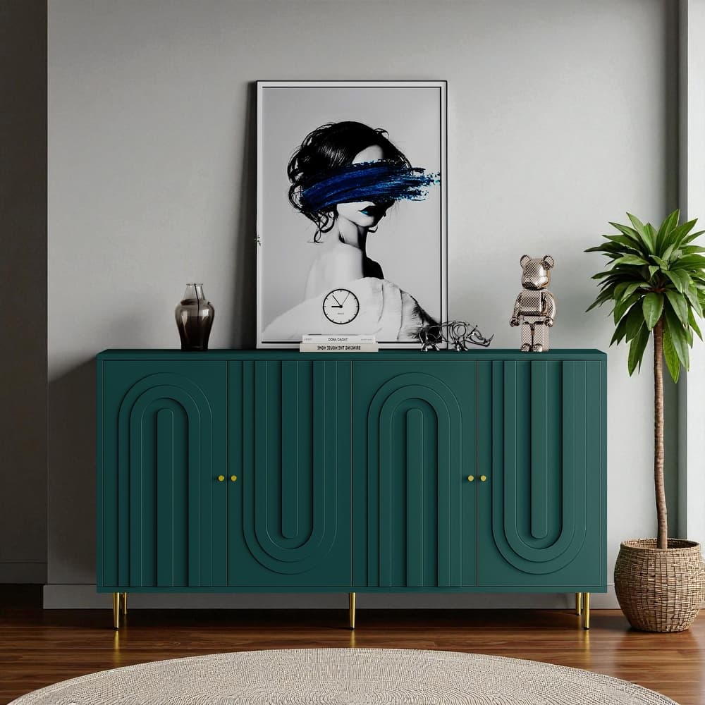 Modern 4-Door Lacquered Sideboard Buffet Cabinet with Gold Legs, Adjustable Shelves for Living Room or Dining Room