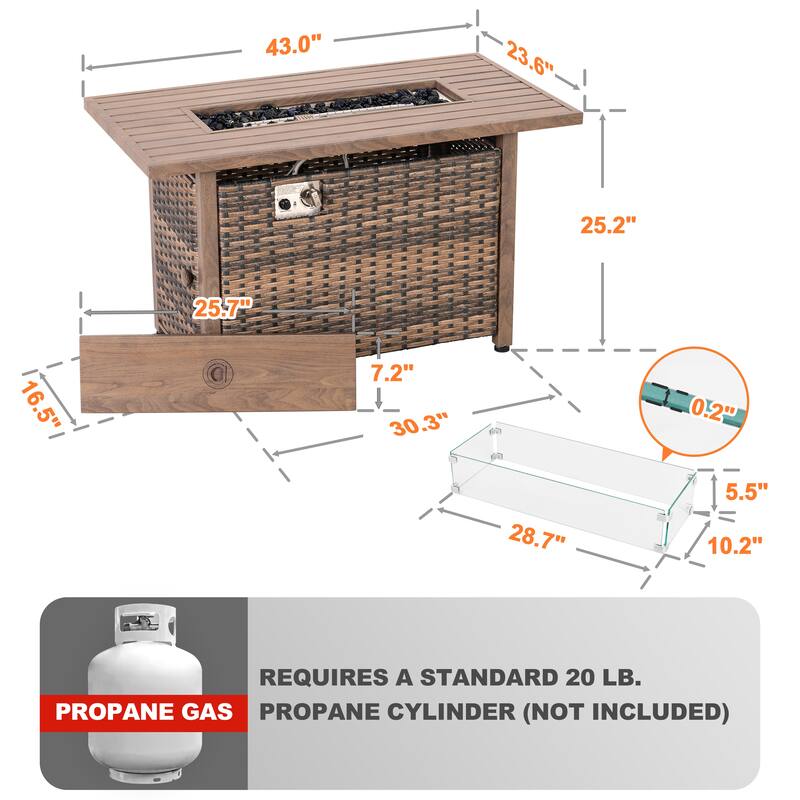 43’’ Outdoor Propane Gas Fire Pit Table 50,000 BTU with Wind Guard