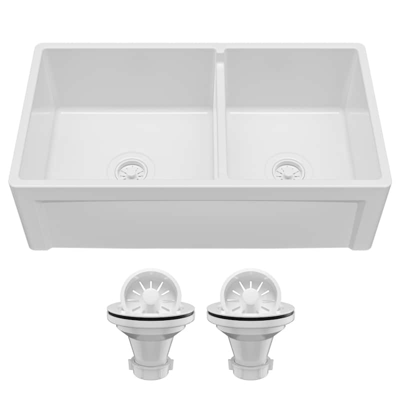 Karran 33" Double Bowl Panel Front Farmhouse Fireclay Kitchen Sink with Reversible Apron Front - White