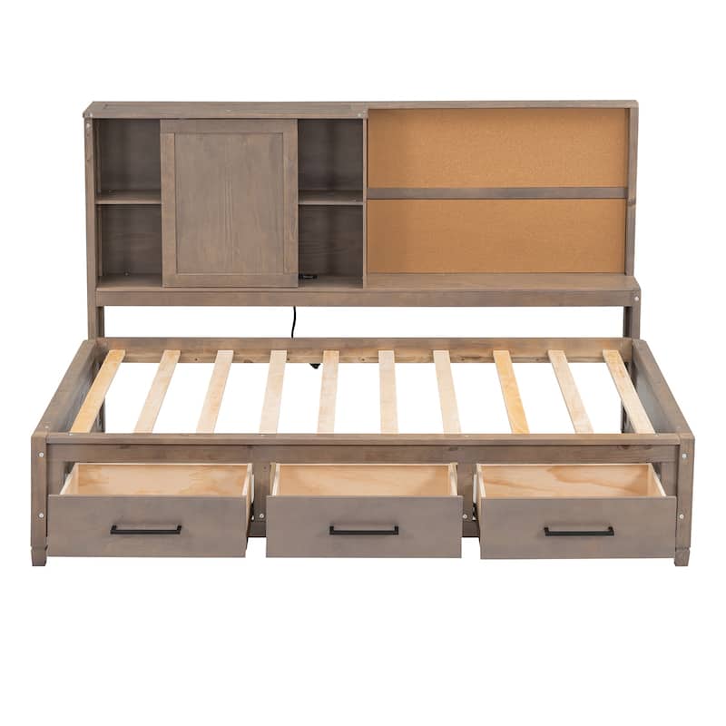 Wood Twin Lounge Daybed with Storage Shelves, USB Ports, and 3 Drawers