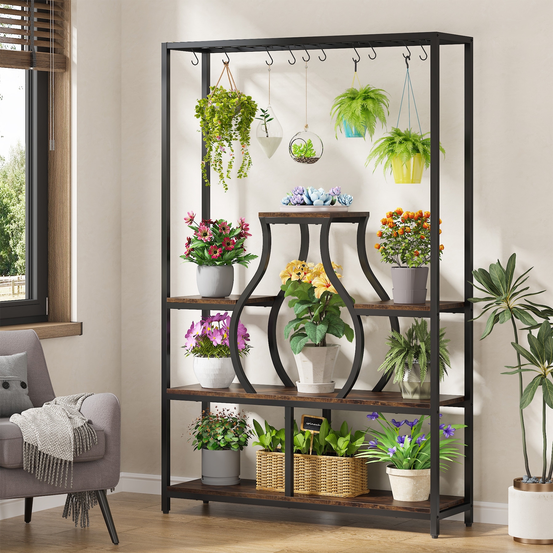 Tall Indoor Plant Stand,5-Tier Wood and Metal Plant Shelf with 10 Hanging  Hooks - Bed Bath \u0026 Beyond - 37992509, image size:1800x1800