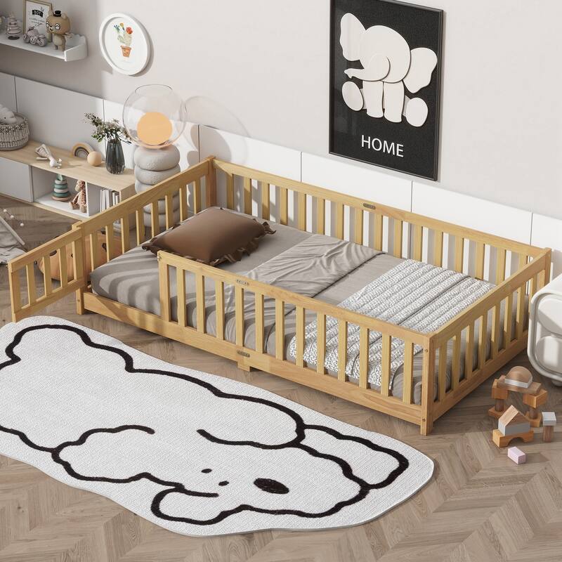 Twin Size Floor Bed with Fence and Door,Rubber Wood Floor Bed with Safety Guardrails - Natural - Twin