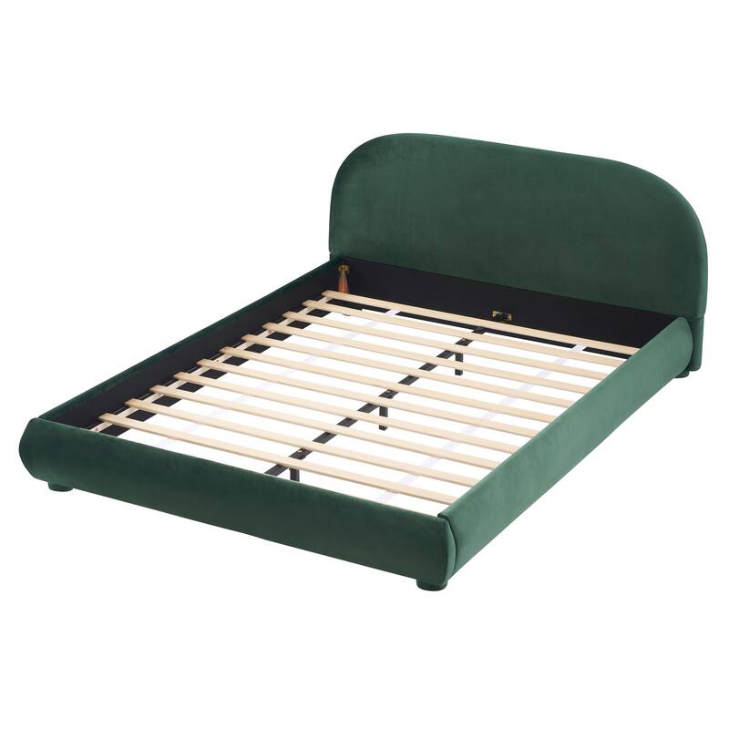 Dark Green Velvet Queen Bed - Luxurious Texture, Curved Headboard, High Load Capacity, Easy Assembly