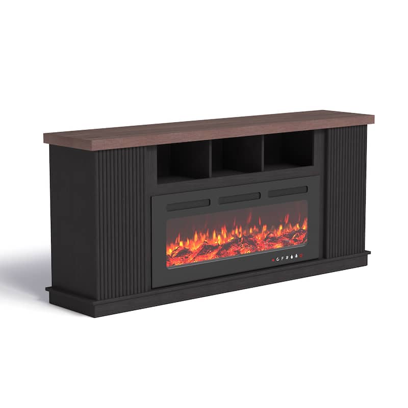 70" TV Stand for TVs up to 85" with Electric Fireplace, Vintage Double Door Cabinet, Dark Walnut, for Living Room & Bedroom