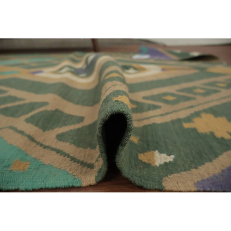 Hand Woven Oriental 100% Wool Carpet Southwestern Modern Green Kilim Area Rug - 9' 1'' X 5' 1''
