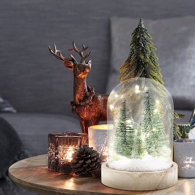Lighted Snowy Christmas Tree Battery-Operated Glass Globe Holiday Decoration