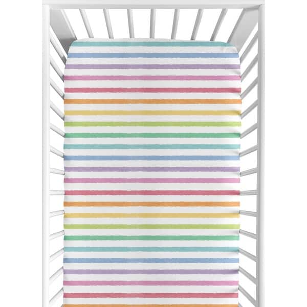 slide 2 of 6, Sweet Jojo Designs Pastel Rainbow Striped Girl Fitted Crib Sheet Purple Pink Orange Yellow Sage Turquoise Blue Watercolor Stripe