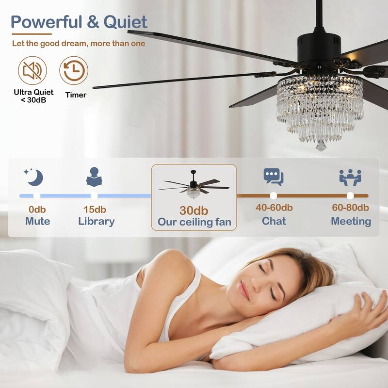 Cusp Barn 65" Ceiling Fan with Light and Remote,Modern Gorgeous Crystal Light Fixture,Silent Reversible Motor Fan Light,6-Speeds