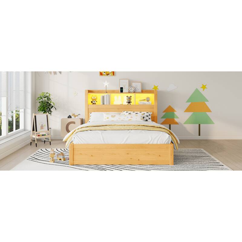 Roomfitters Twin/Full Platform Bed, LED Bookcase Headboard and Pull Out Storage Drawers with Wooden Frame for Bedrooms