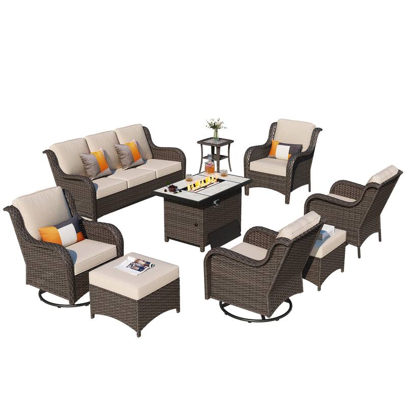 OVIOS 9-piece Patio Wicker Swivel Rocking Chair Set With Fire Pit