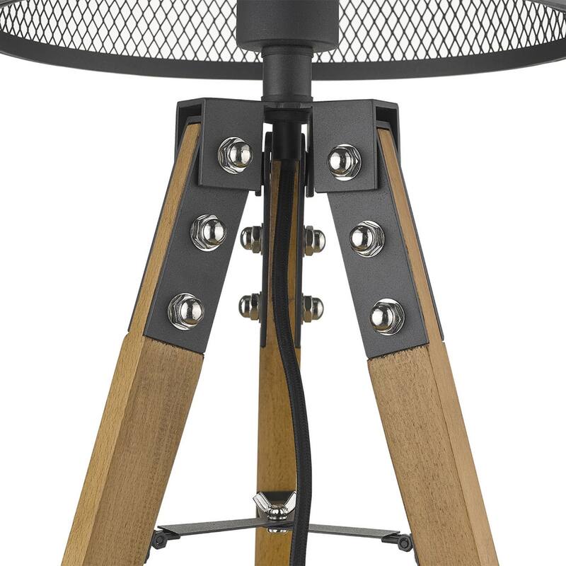 Modern Brown Wood Tripod Table Lamp with Black Drum Shade for Accent Lighting - 11.50" x 11.50" x 20"