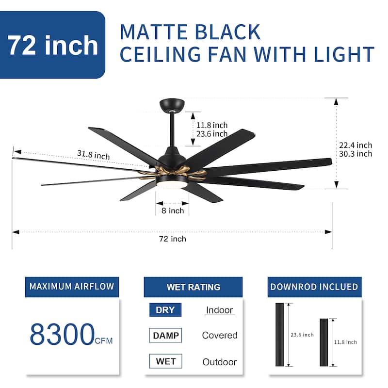 YUHAO 84 In. Indoor/Outdoor Modern Industrial Large Windmill Aluminum Blade Ceiling Fans With Lights, Quiet DC Motor and Remote