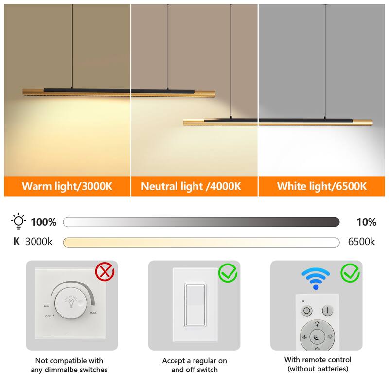 75" Modern Black and Gold LED Pendant Light, Adjustable Hanging Light