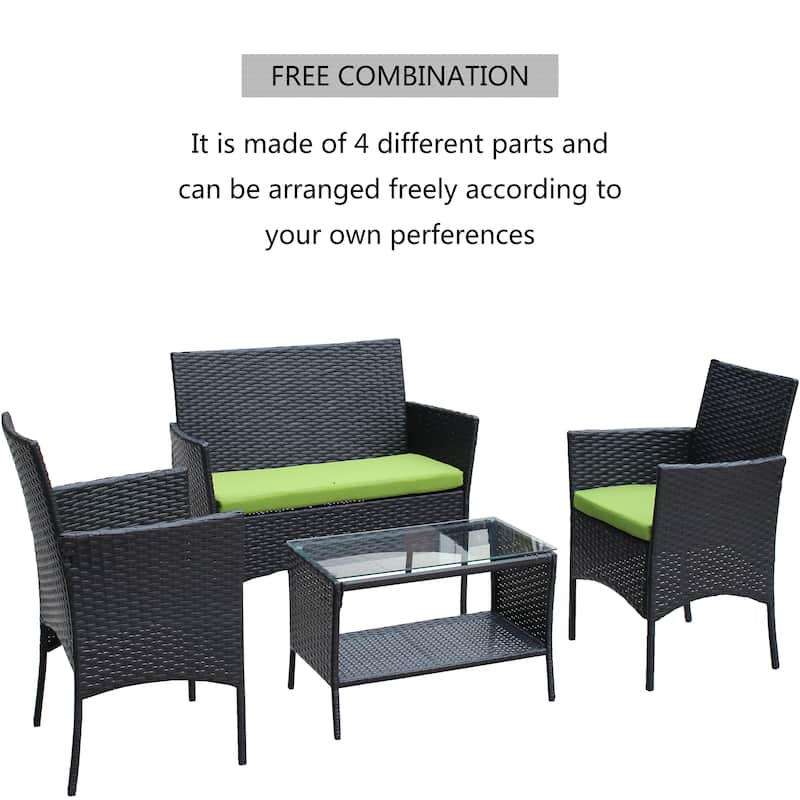 4 PC Rattan Patio Furniture Set Outdoor Patio Cushioned Seat Wicker Sofa (green Cushion)