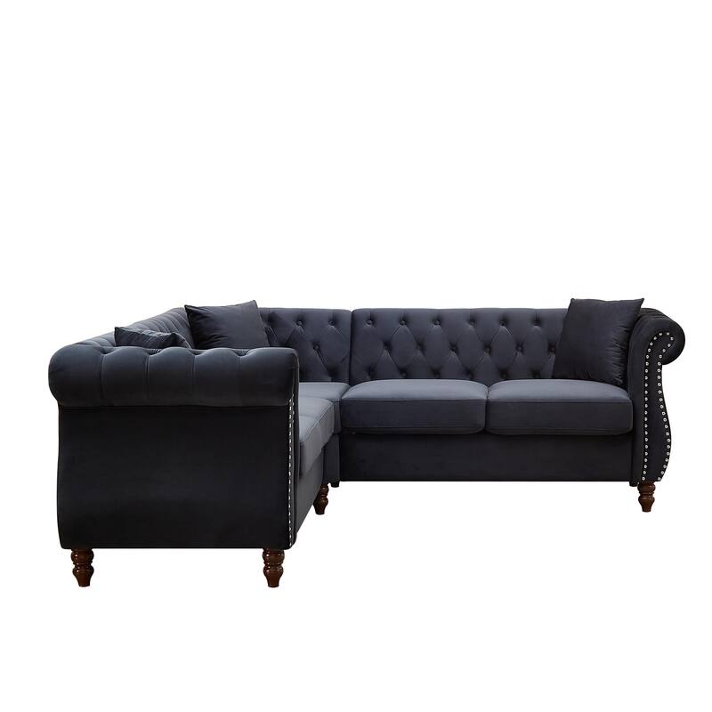 L-shape Corner Sectional Sofa with Button Tufted Back and 3 Pillows