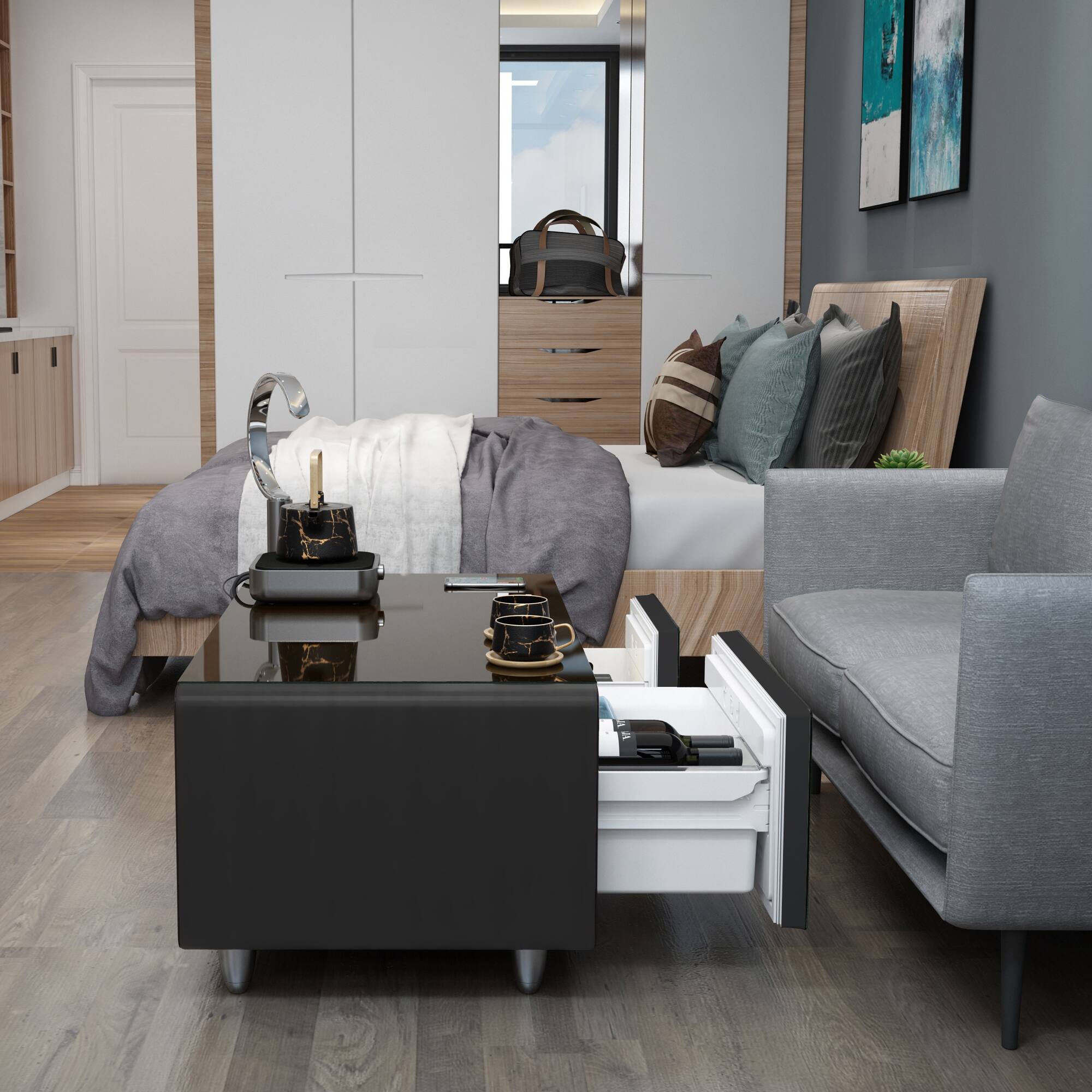 Smart Coffee Table, Livingroom End Table with Built in Fridge, Charging