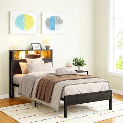 Twin Size Bed Frame with Storage,Metal Platform Bed w/Charging Station