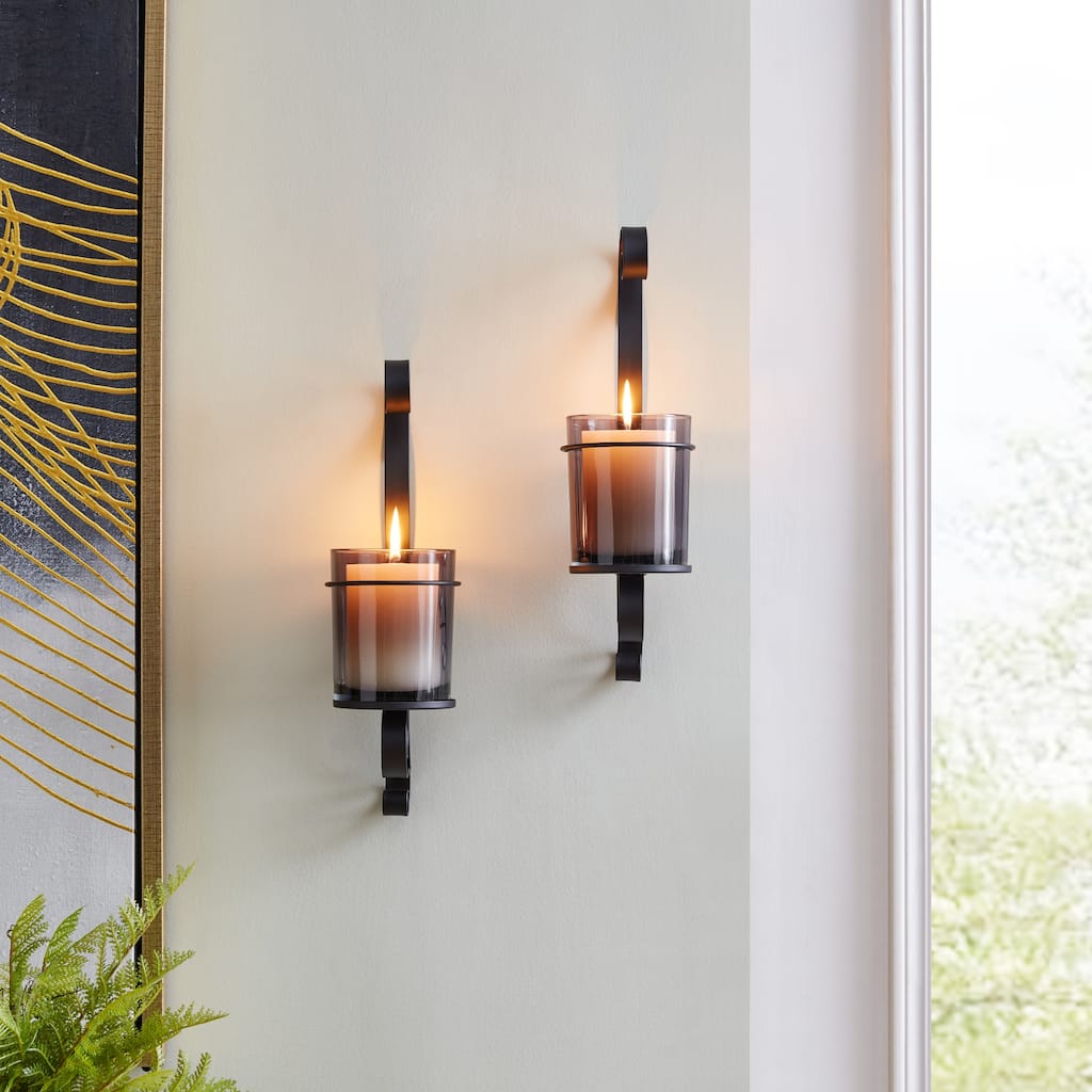 Smoked Glass Wall Sconce Candle Holders - 14.5" - Black - Set of 2