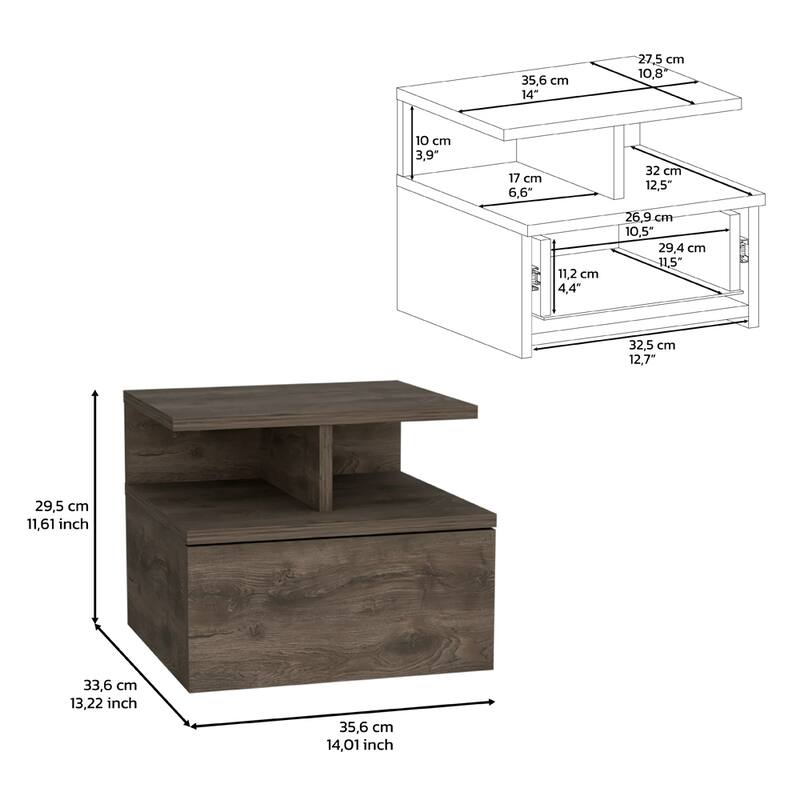 Floating Nightstand 12"H, Wall Mounted with Single Drawer and 2-Tier Shelf, Dark Walnut