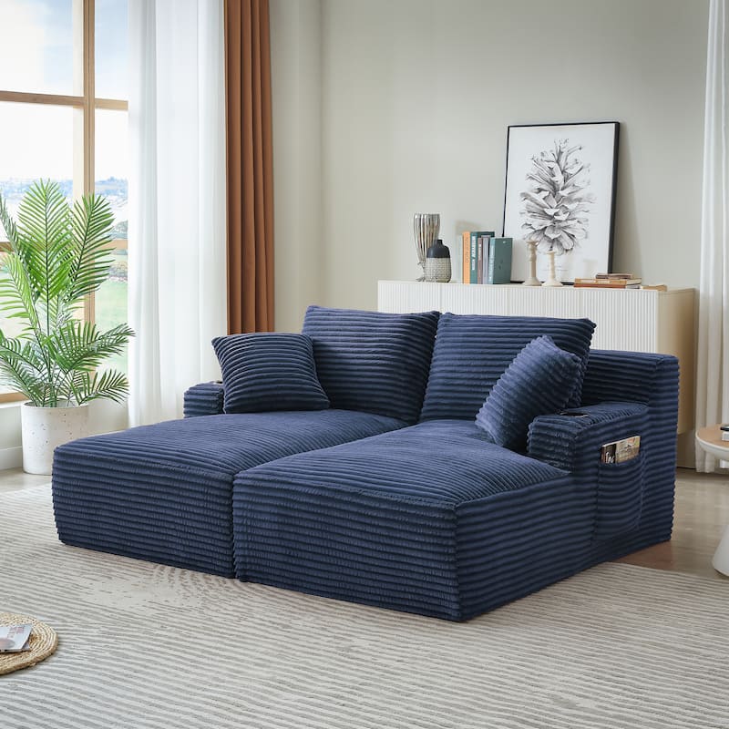 Compressible Double Chaise Lounge With Cupholders - No Assembly Required, Fluffy Modern Sleeper Loveseat