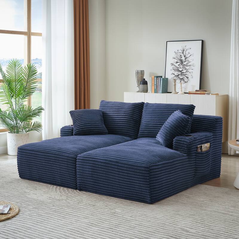 Roomfitters Double Chaise Lounge with Cup Holders and Plush Corduroy Upholstery, No Assembly Modern Sleeper Loveseat - Blue