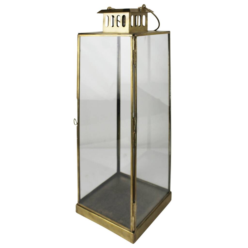 Lantern with Metal Frame and Glass Insert, Large, Brass - Bronze