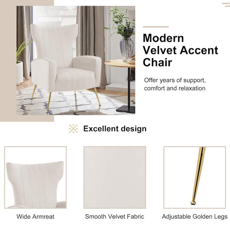 2 Set Velvet Wingback Accent Chairs with Metal Legs for Living Room