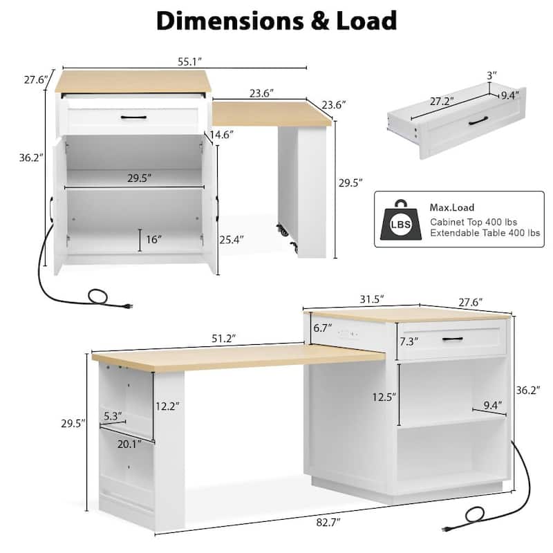 82.7" Wooden 4-6 Person Kitchen Island with Extendable Dining Table and Double-sized Storage