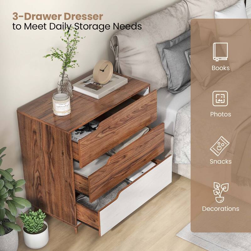 Costway 3-Drawer Dresser Farmhouse Wooden Sofa Beside Table Storage