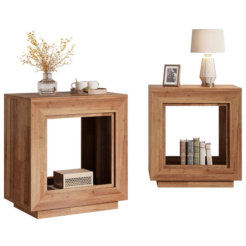 24" Rustic 2-Tier End Table, Side Table with Storage Shelf, Sofa Nightstand for Living Room, Bedroom, Entryway