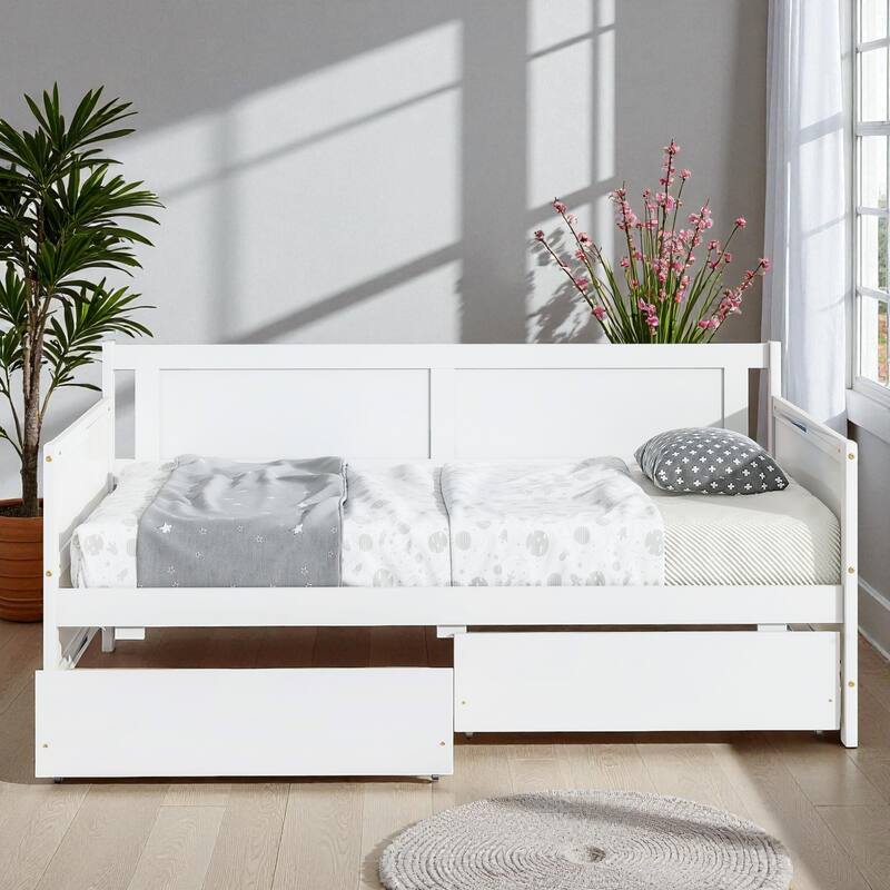 Twin Size Solid Pine Wood Daybed with Two Storage Drawers, Modern Sofa Bed Frame with Pull-Out Storage - White - Twin