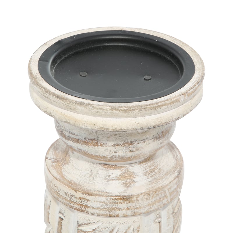 Wood Handmade Candle Holder with Carved Designs - Set of 3 White - Roche River Decor - 4"W x 4"L x 10"H