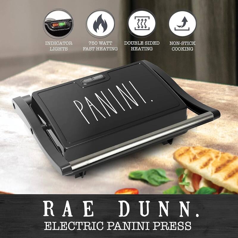 Rae Dunn Panini Maker 750 Watt 2-Slice Press Grill with Indicator Lights Opens 180 Degrees Double Sided Heating Non-stick