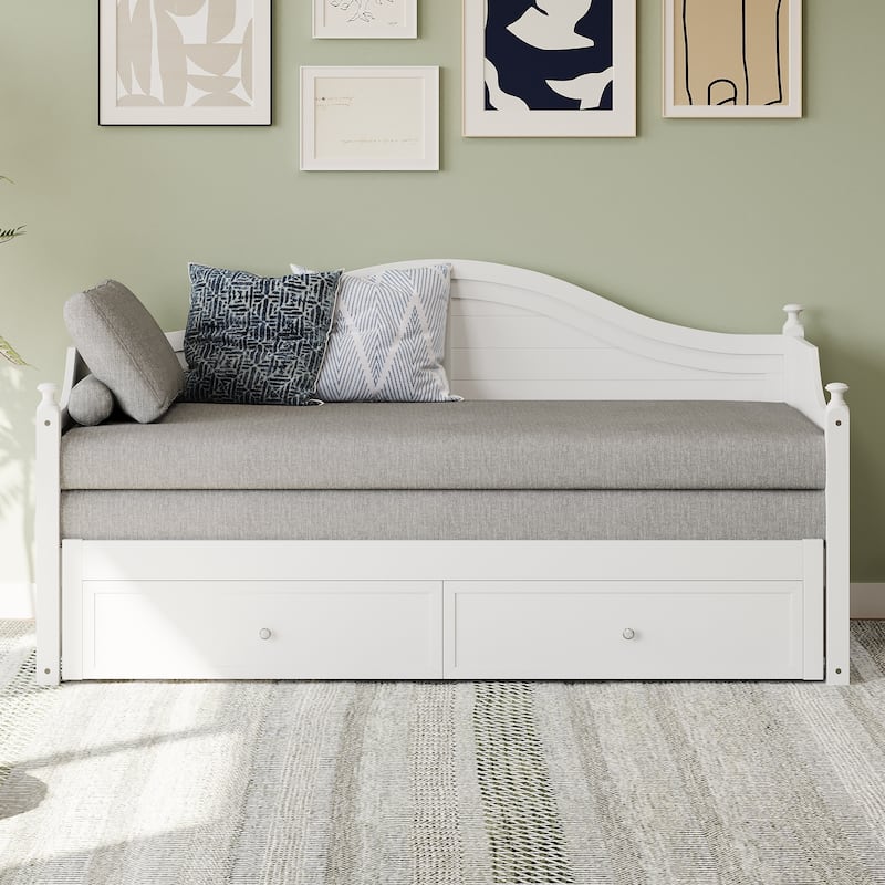 Twin Size Wood Daybed Extended Bed with Storage Drawers - White