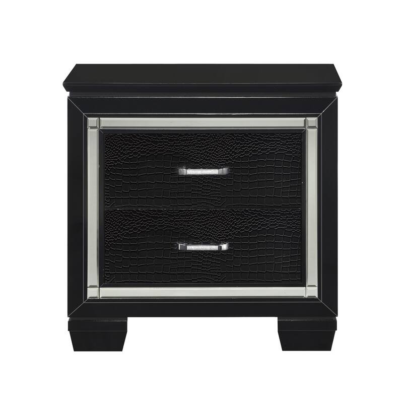 Glamorous Black Nightstand, 2 Dovetail Drawers, Faux Alligator Embossed Front