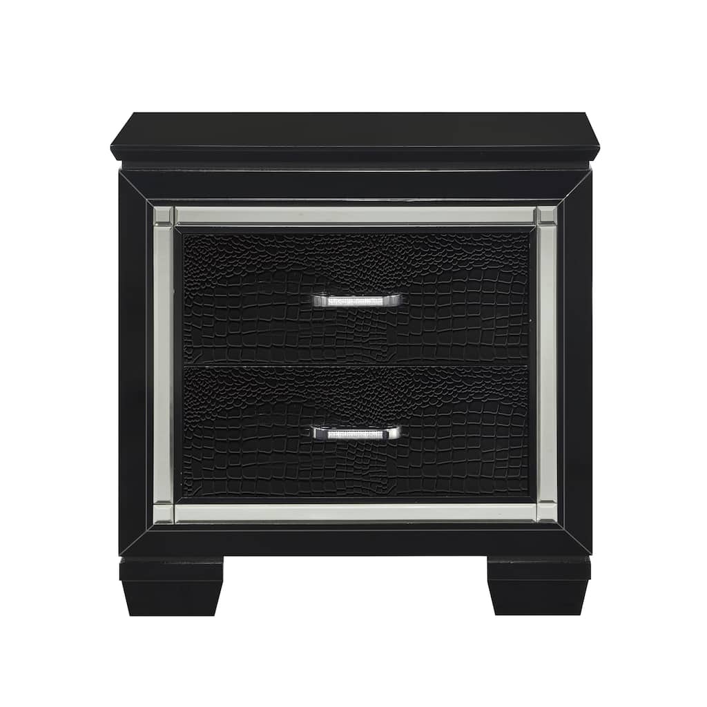 Glamorous Black Nightstand, 2 Dovetail Drawers, Faux Alligator Embossed Front