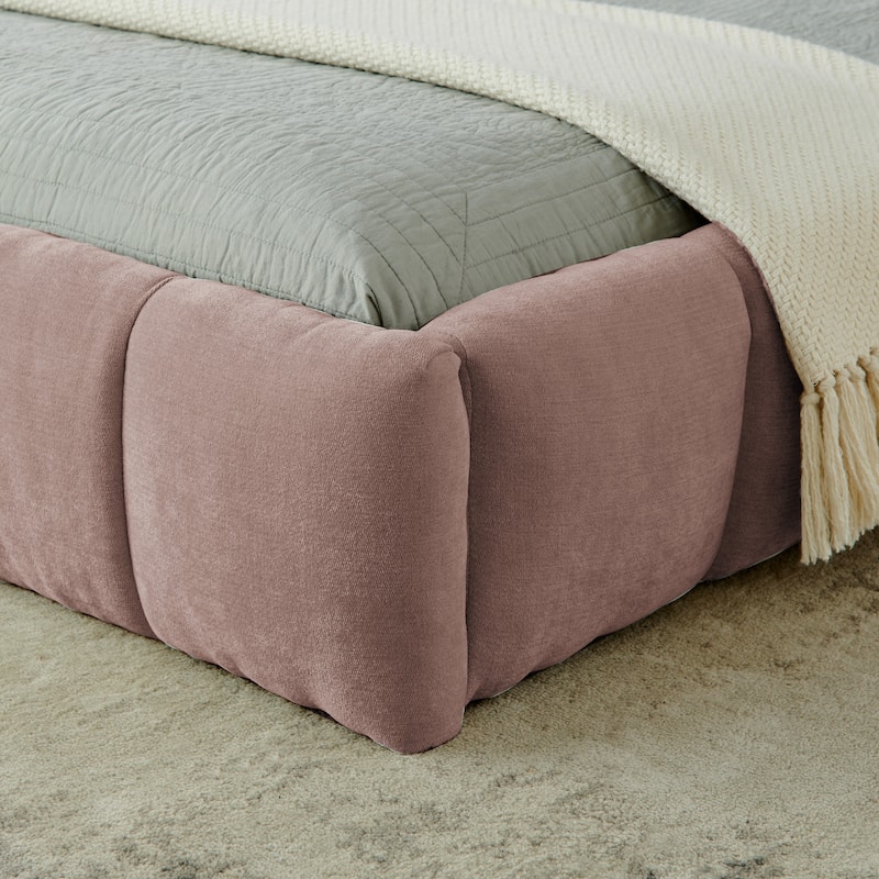 Block Thick Chenille Low Profile Platform Bed Fabric Upholstered Bedframe with Headboard Solid Wood Frame - Optional Storage Bed