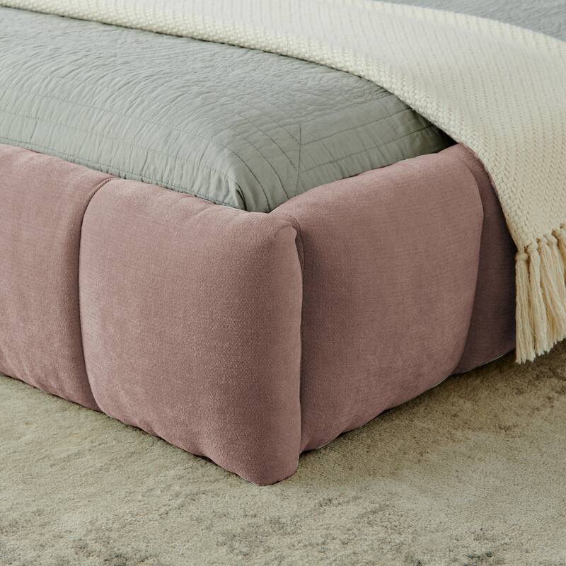 California King Upholstered Platform Bed with Headboard, Pink Chenille Fabric, No Box Spring Needed