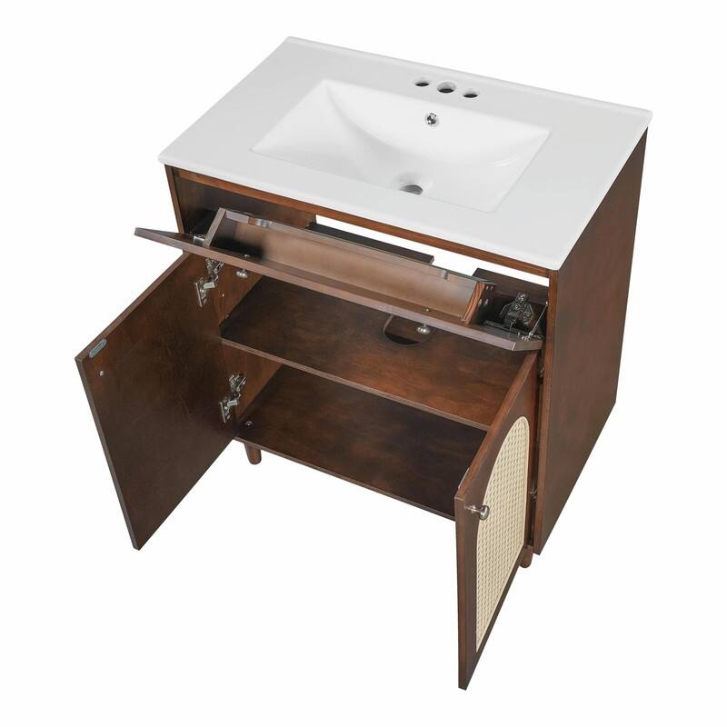 30" Bathroom Vanity with Ceramic Sink, Solid Wood Cabinet, Adjustable Shelf, Tip-Drawer & Rattan Panels