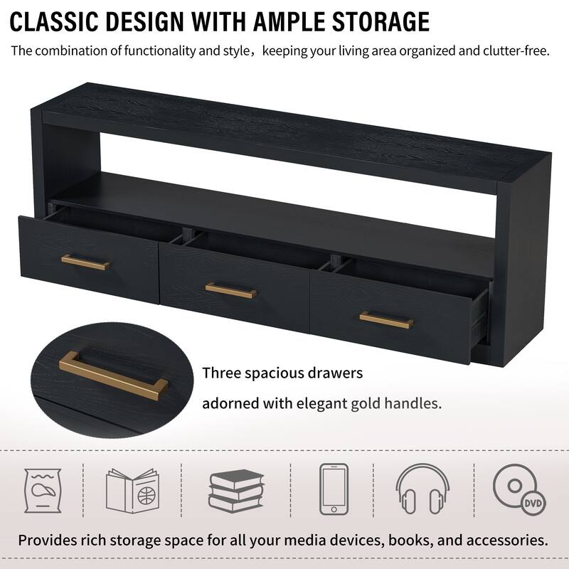 74" Wood TV Stand Wide Top Media Console Table w/ 3 Drawers, Metal Handles, Classic Entertainment Center for Living Room