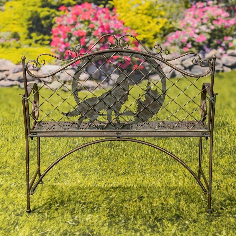 Classic Outdoor Bench with Howling Wolf & Moon Silhouette "Gunnison" - 43.7" L x 20.47" W x 40.94" H