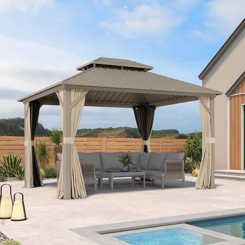 PURPLE LEAF Outdoor Hardtop Gazebo Champagne Metal Frame Galvanized Steel Double Roof with Curtains and Netting for Poolside - 10' x 12' - Gold